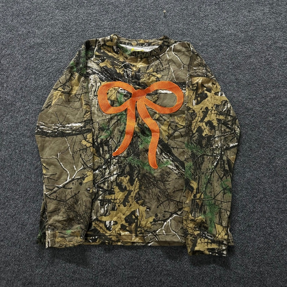 Kaxi T-Shirt Womens Size S Camo Orange Bow Long Sleeve Realtree Coquette Casual